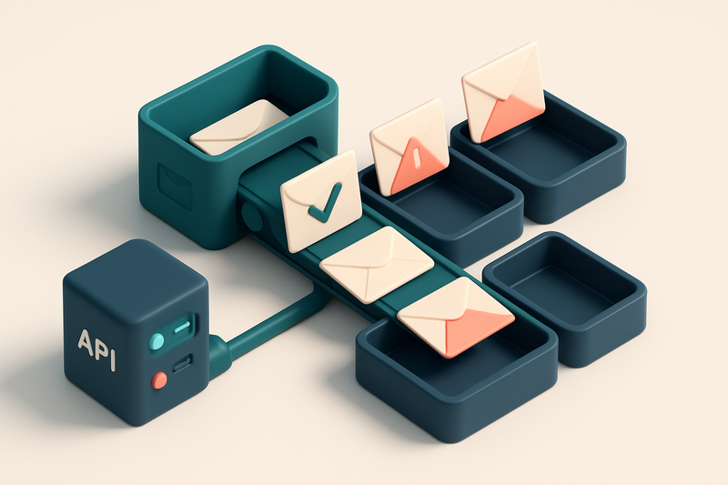 An isometric email inbox with a conveyor belt delivering envelopes marked 'valid,' 'invalid,' 'risky,' and 'catch-all' i