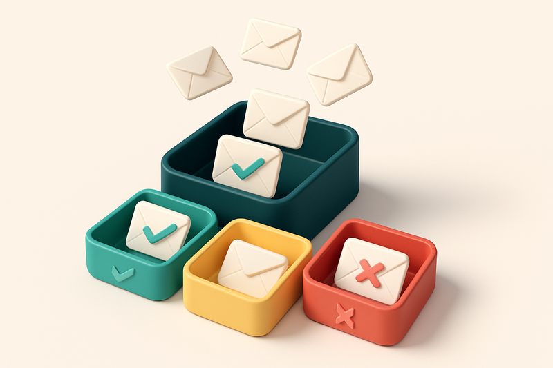 an isometric email inbox with envelopes flowing into three bins: a green 'valid' tray, a red 'invalid' tray, and a yello