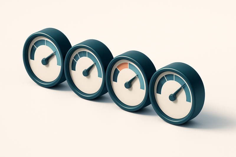 a row of four gauge dials showing accuracy, speed, deliverability, and reliability