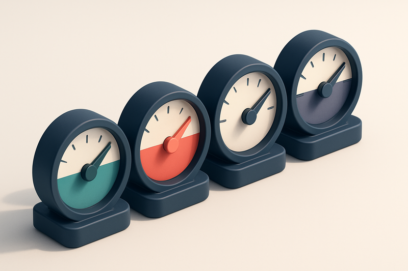 a row of four gauges with different colored dials indicating verification status (valid, invalid, catch-all, risky)