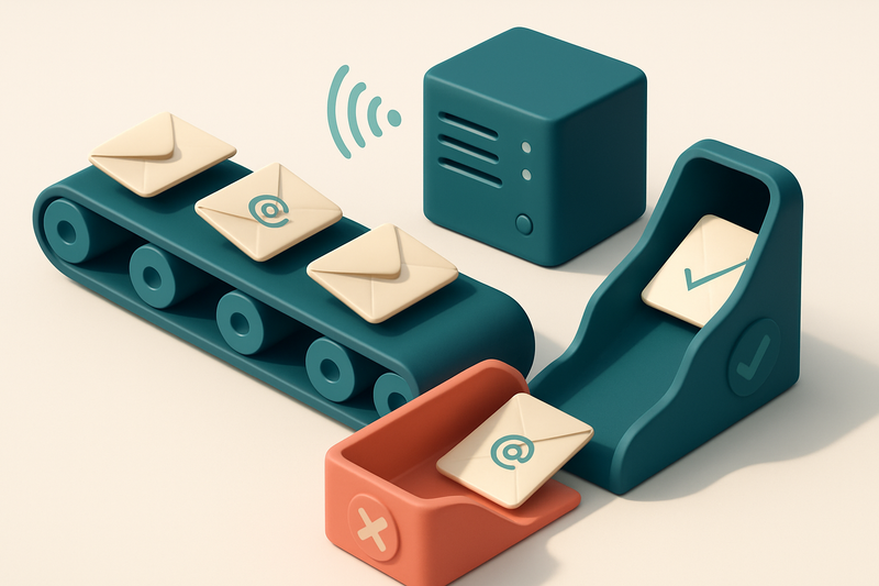 An isometric illustration of a conveyor belt carrying paper envelopes labeled 'email addresses' past a red 'invalid' chu
