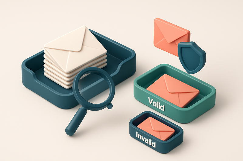 An isometric email inbox with envelopes being sorted onto a green 'valid' tray and a red 'invalid' tray, a magnifying gl