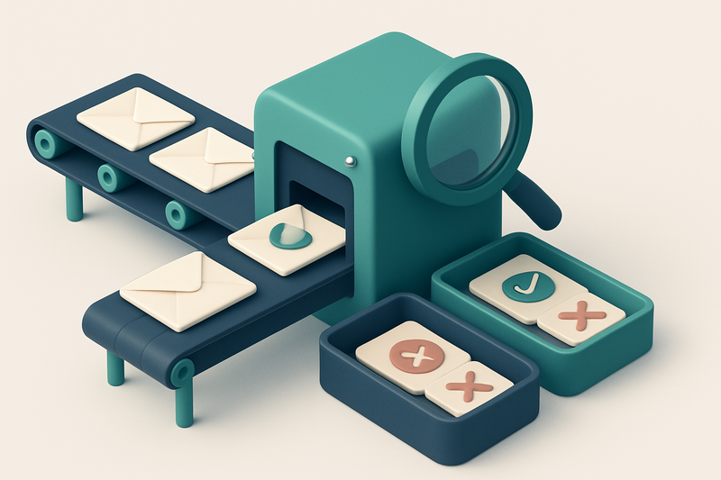 An isometric illustration of a construction company’s lead pipeline: a conveyor belt carries envelopes labeled with 'Lea