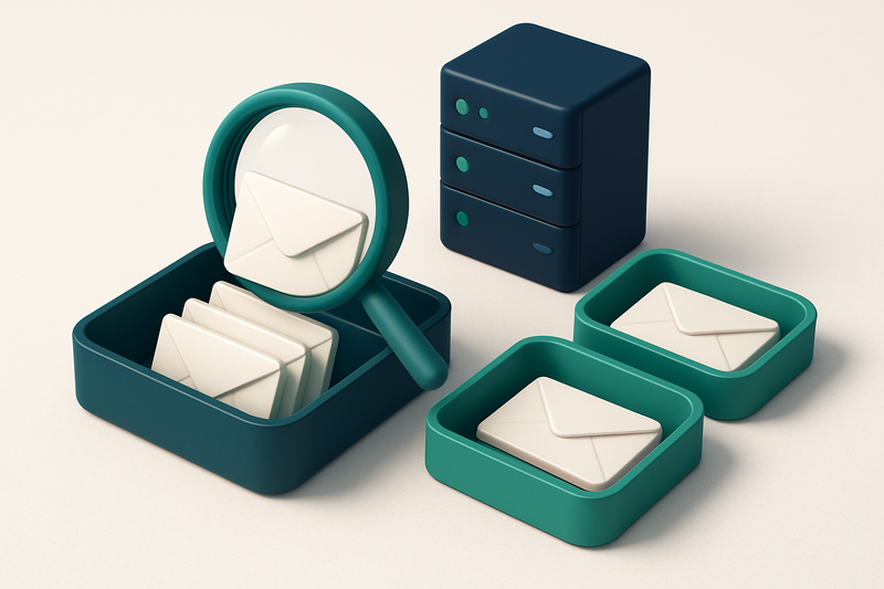 An isometric email inbox with envelopes being sorted onto a green 'valid' tray and a red 'invalid' tray, a magnifying gl
