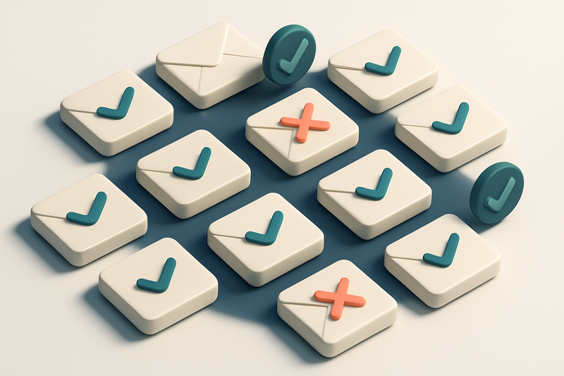 a grid of envelope icons with red X marks on three of them, green checkmarks on the rest