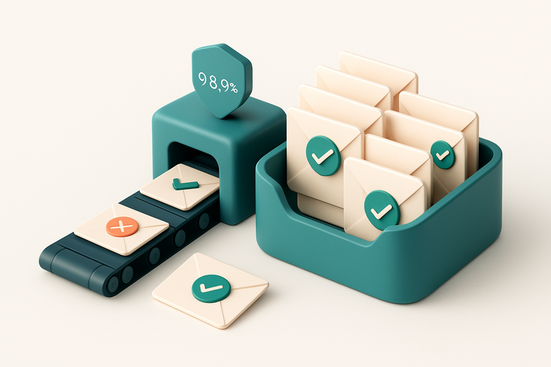 An isometric email inbox stacked with envelopes, some marked with red 'invalid' tags, others with green 'valid' checkmar