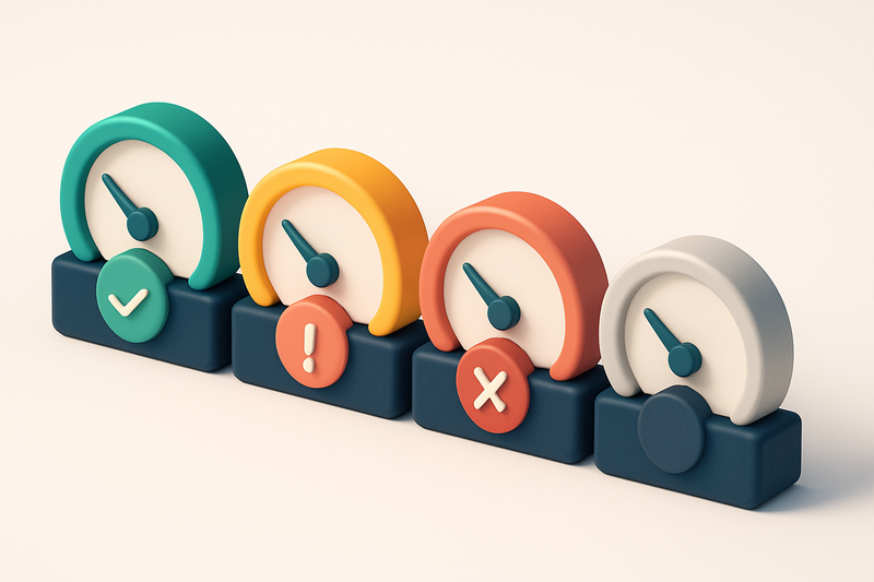 a row of four gauges showing validation status (green, yellow, red, gray)