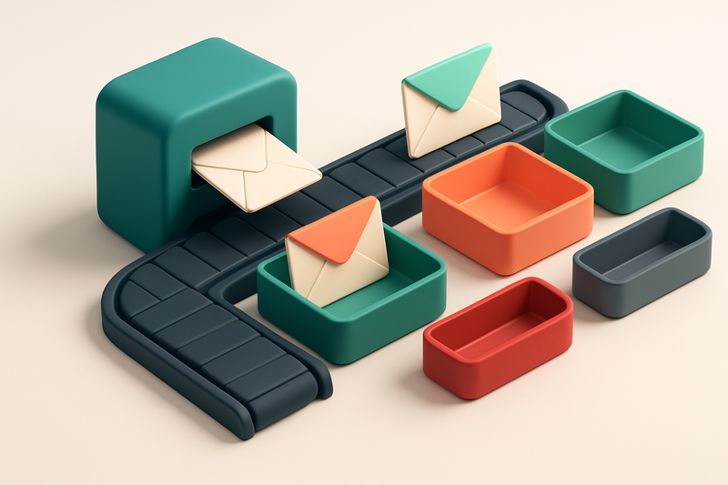 An isometric email inbox with a conveyor belt delivering envelopes labeled 'valid', 'risky', 'invalid', and 'catch-all',
