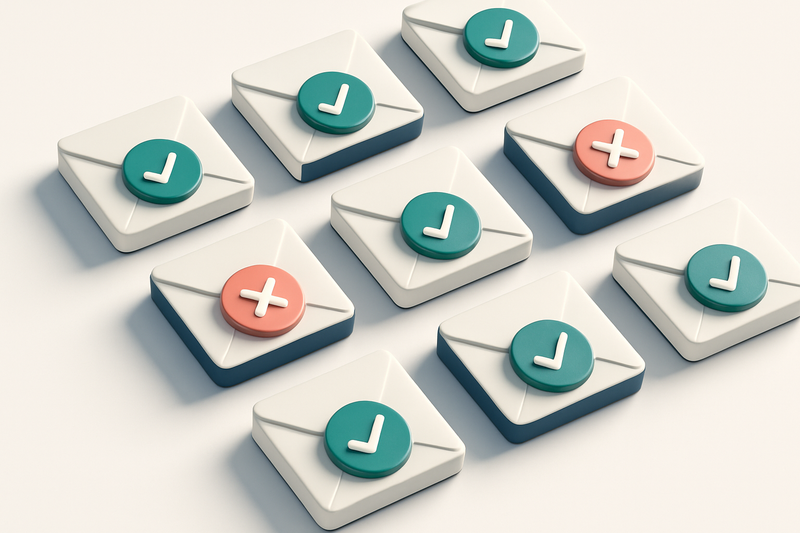 a grid of envelope icons with checkmarks on some and red Xs on others