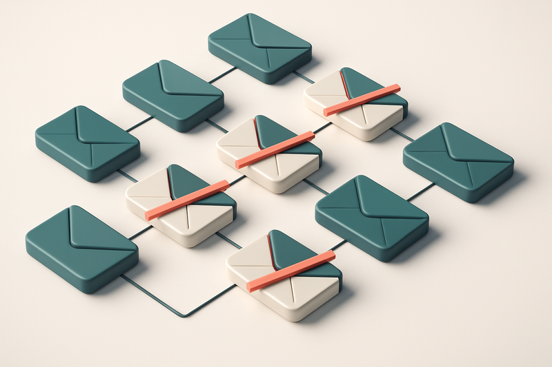 a grid of envelope icons connected by thin lines, with a red diagonal line through some