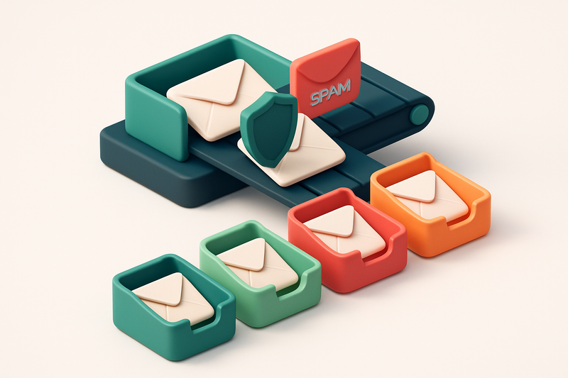an isometric email inbox with envelopes labeled 'valid', 'catch-all', 'invalid', and 'risky' being sorted by a conveyor