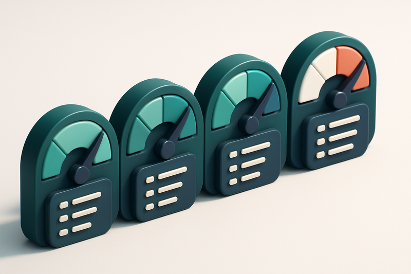 a row of four gauges, each showing a different level of list quality (high, medium, low, critical)