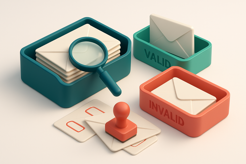 An isometric email inbox with envelopes being sorted into a green 'valid' tray and a red 'invalid' tray, a magnifying gl