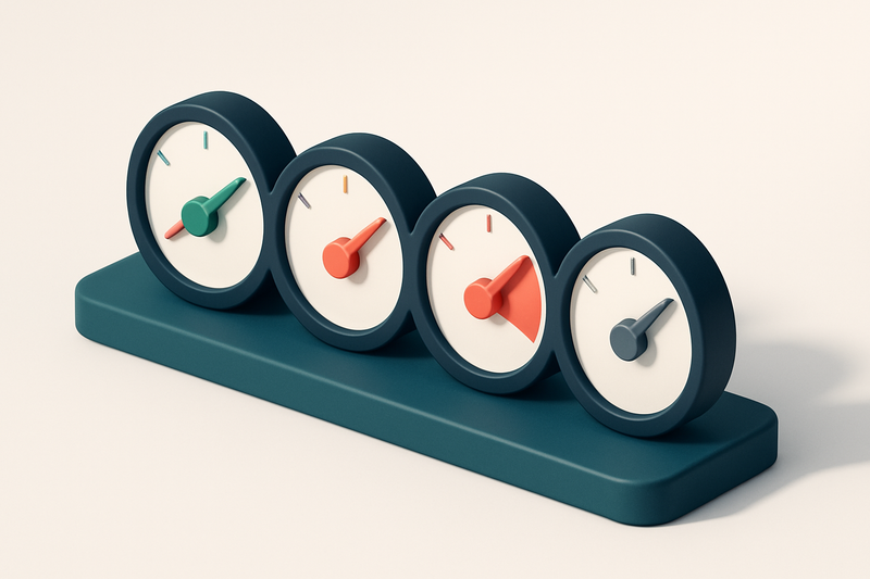 a row of four gauges with varying needle positions, each labeled in subtle tones (green, yellow, red, gray)