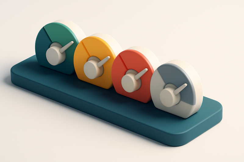 A row of four gauge dials showing green, yellow, red, and gray statuses—representing list health metrics