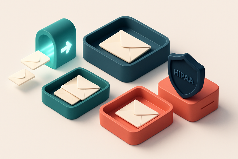 An isometric email inbox with envelopes being sorted onto a green 'valid' tray and a red 'invalid' tray, a dark shield l
