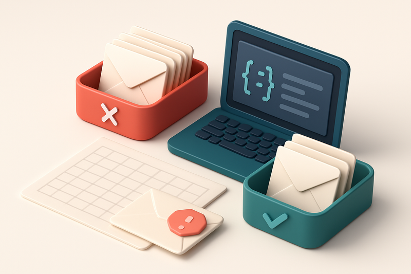 An isometric desk setup: a physical spreadsheet with envelopes stacked in a red 'invalid' bin and a green 'valid' bin, a