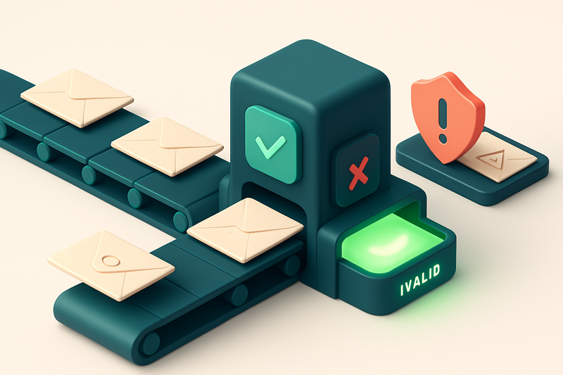 An isometric view of a conveyor belt carrying paper envelopes labeled 'media contacts' toward a central verification mac