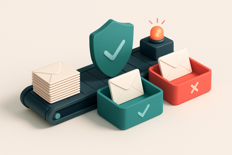 an isometric illustration of a publishing house's email system: a conveyor belt fed by a stack of paper envelopes labele