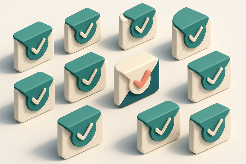 a grid of envelope icons with green checkmarks inside each
