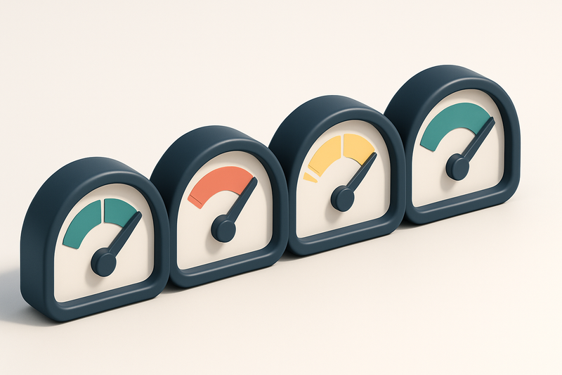 A row of four gauges, each showing a different state: green (valid), red (invalid), yellow (risky), and blue (catch-all)