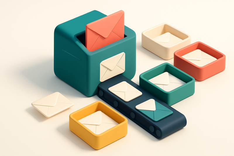 an isometric email inbox with envelopes labeled 'valid', 'invalid', 'risky', and 'catch-all' being sorted by a conveyor