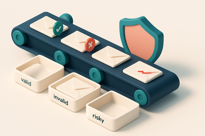 Hero: an isometric email inbox with a conveyor belt moving envelopes labeled 'valid,' 'invalid,' 'catch-all,' and 'risky