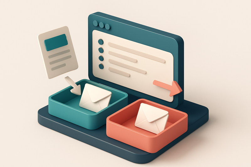 An isometric dashboard showing a CRM interface with a green 'Valid' tray and a red 'Invalid' tray; lead forms flow into