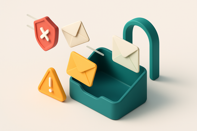 An isometric email inbox with envelopes flying in—some being stopped by a red 'invalid' shield, others passing through a