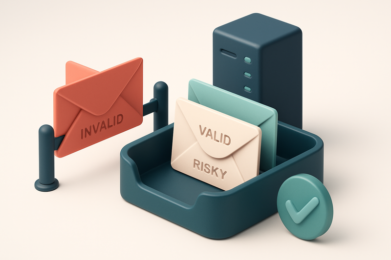 an isometric inbox with envelopes labeled 'valid' and 'risky' entering from the left, one red envelope labeled 'invalid'