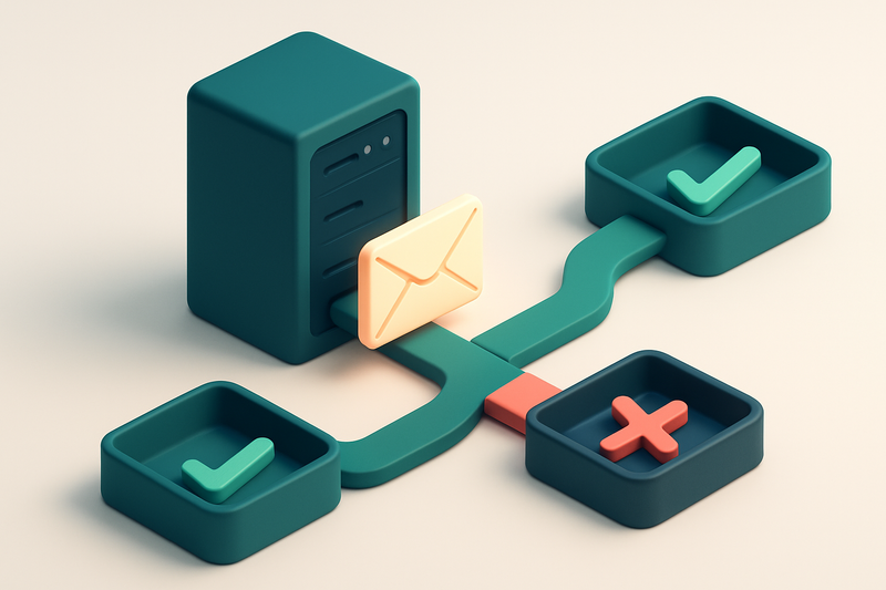An isometric network server rack with a single glowing email envelope being routed through a series of labeled conveyor