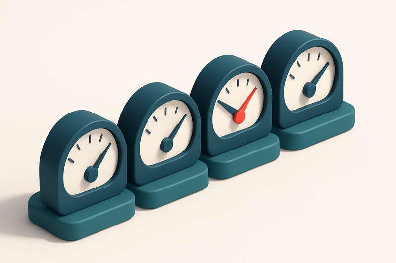 a row of four gauges with one red indicator showing a drop