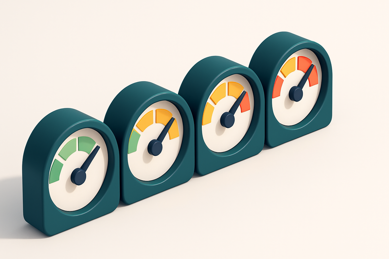 a row of four gauges showing green, yellow, red indicators