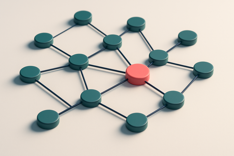 a network of small circular nodes connected by lines, with one node slightly darker and labeled as 'trap'