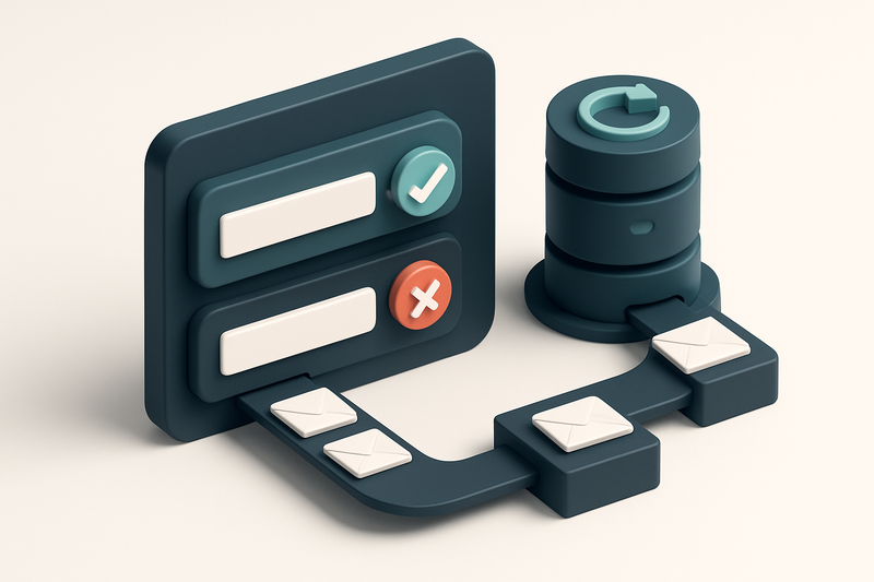 An isometric dashboard showing a DNS configuration interface with a glowing green checkmark over a correctly formatted D