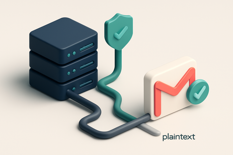 An isometric email server rack with data streams flowing between units, one path labeled 'TLS' (blue shielded flow) and