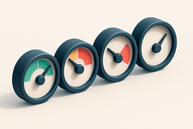 a row of four gauges showing levels of validation confidence (green, yellow, red, gray)