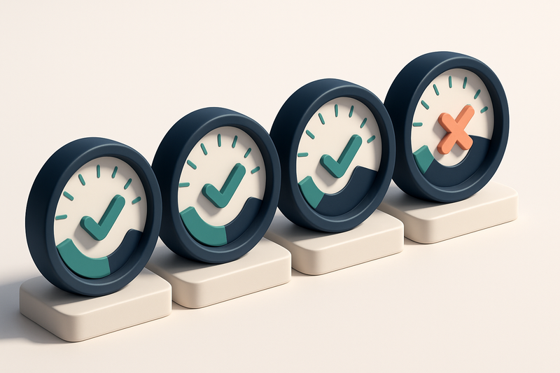 a row of four gauges showing real-time validation status across different stages