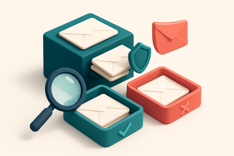 An isometric email inbox with envelopes being sorted onto a green 'valid' tray and a red 'invalid' tray, a magnifying gl