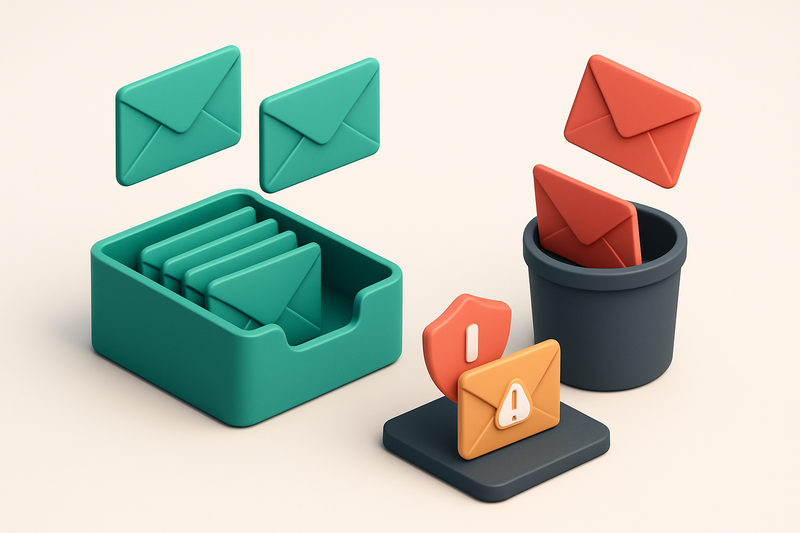 An isometric inbox with labeled envelopes: green envelopes labeled 'Valid' moving into the primary inbox, red envelopes
