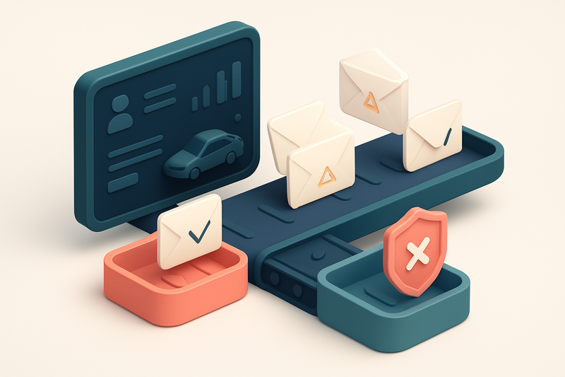 an isometric view of a car dealership CRM dashboard with envelopes labeled 'valid,' 'invalid,' and 'risky' being process