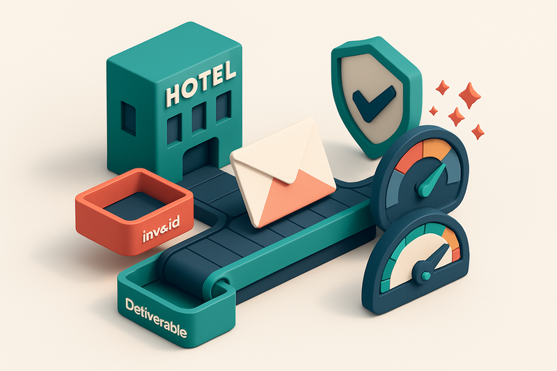 An isometric view of a hotel’s digital operations hub, with a rotating email envelope conveyor belt moving toward a gree
