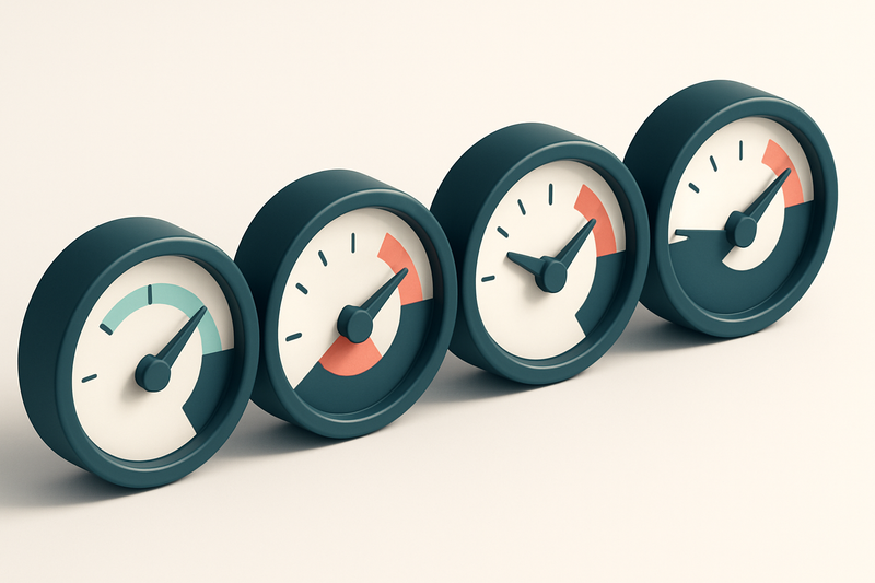 A row of four gauges with moving needles, each labeled with a metric: bounce rate, deliverability, engagement, reputatio