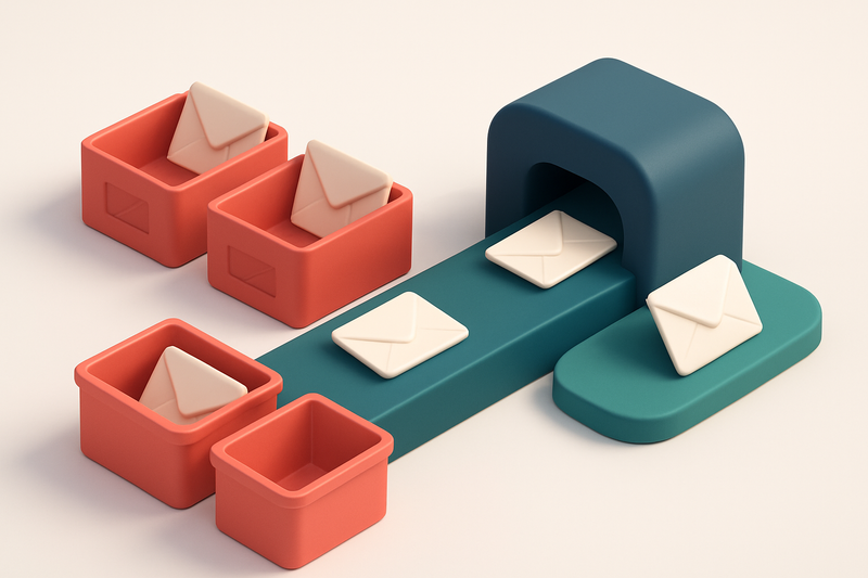 An isometric email inbox with envelopes labeled 'Invalid', 'Catch-all', 'Role', and 'Disposable' being sorted into red r