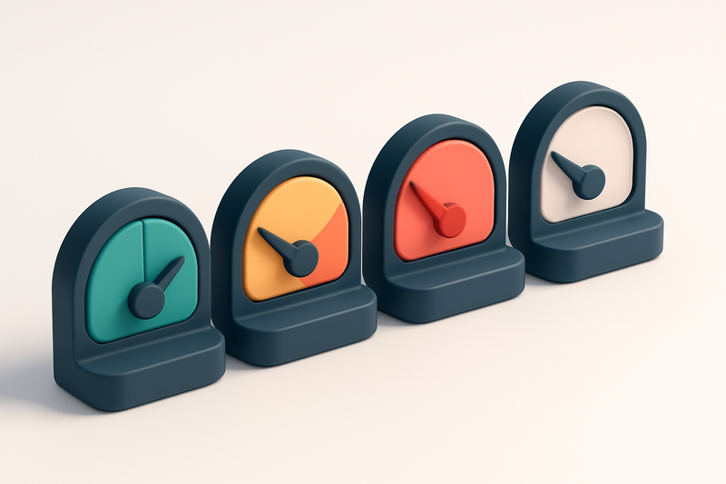 a row of four gauges showing validity levels (green, yellow, red, gray)