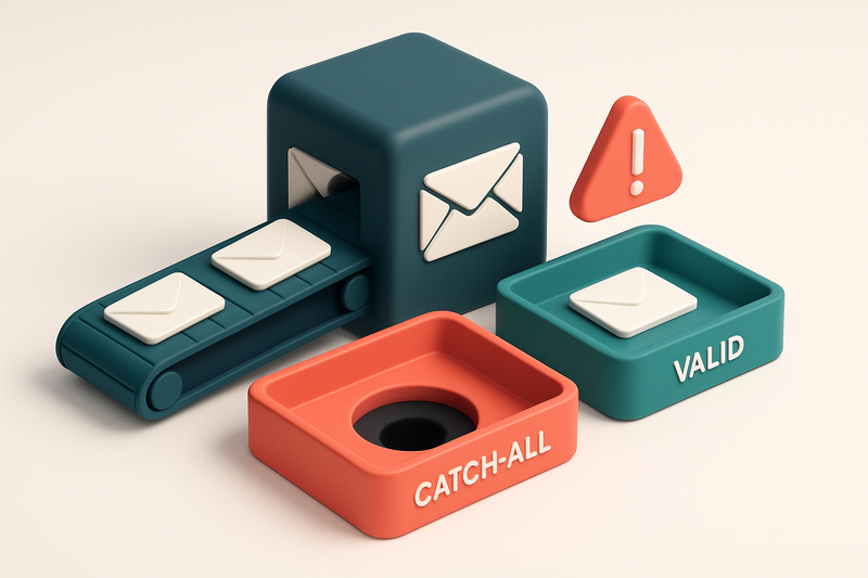 An isometric email inbox with a conveyor belt feeding in emails labeled 'admin@', 'user@', 'test@' — some drop into a gr
