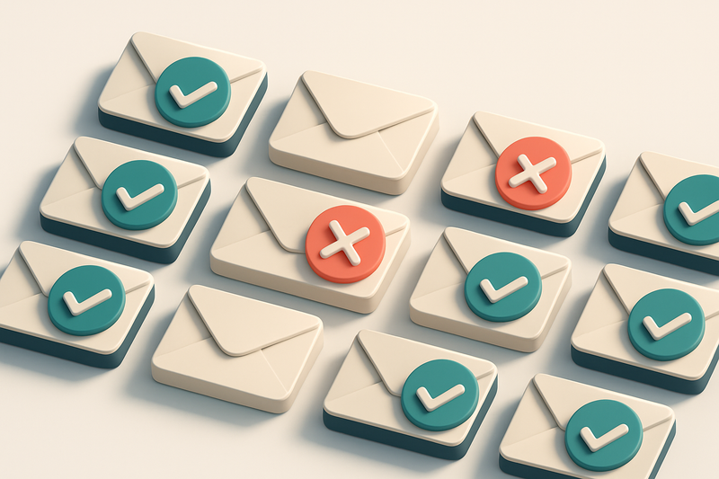 a grid of envelope icons with checkmarks and red Xs