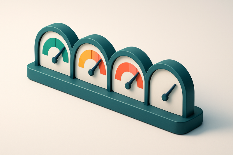 a row of four gauges, each showing different levels of validity (green, yellow, red, gray)