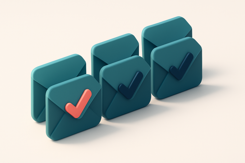 a row of four envelope icons with checkmarks inside