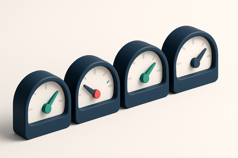 A row of four gauges, each showing a different status: valid, invalid, risky, catch-all
